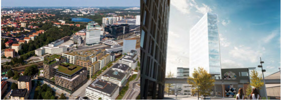Till vänster syns en översikt över hela detaljplanens bebyggelse. Till höger syns höghuset på Fabeges fastighet Tygeln 3.
