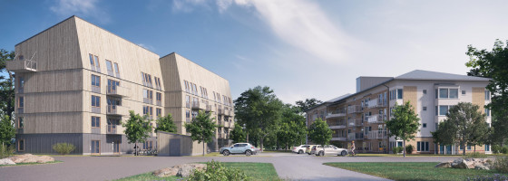 Byggaktören i Sävja planerar att bygga i trä med ett tak anpassat för solceller. Bilden är ett exempel på hur det kan se ut. Till höger syns den befintliga byggnad där det tidigare låg ett vårdboende.
