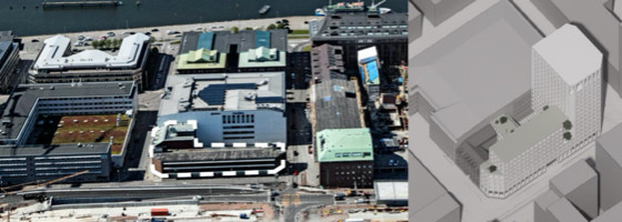Till vänster syns ett flygfoto från år 2020 där aktuellt planområde markeras med vit linje. Till höger syns en illustration av den föreslagna utvecklingen med det nya höghusets tilltänkta placering.