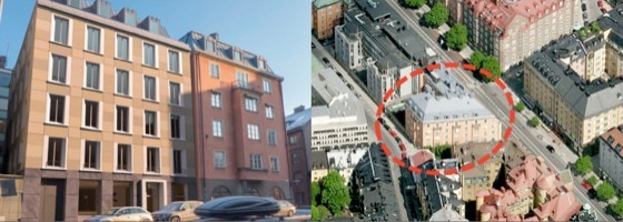 Till vänster syns förslaget på kontorstillbyggnaden vid Regeringsgatan i centrala Stockholm. Fotot är taget från samrådshandlingen och förslaget ska bearbetas inför granskningen.