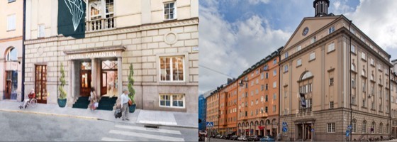 Fastigheten Diamanten 11 på Kungsholmen där de nedersta våningarna kan komma att omvandlas till ett hotell. Till vänster syns ett förslag på gestaltning av hotellentrén från Kungsholmsgatan, till höger fastigheten så som den ser ut idag.