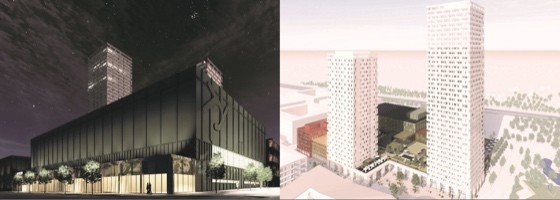 Till vänster syns en illustration av det nya padel-centret med höghusen i bakgrunden, till höger de två höghusen där bostadshuset i 41 våningar syns i höger sidan av bilden och hotell/kontorshuset i 27 våningar syns i vänster sidan av bilden.