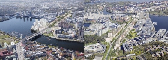 Illustrationer över programområdet som även visar planerad bebyggelse i Marievik samt pågående planering för Liljeholmens centrum och Lövholmen.