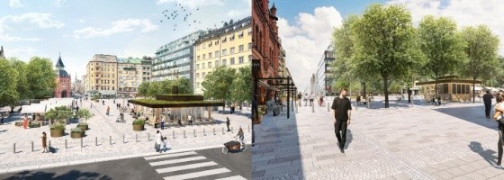 Till vänster syns en gestaltning av nya Östermalmstorg med den nya restaurangbyggnaden. Till höger syns den föreslagna kioskbyggnadens placering och gestaltning.